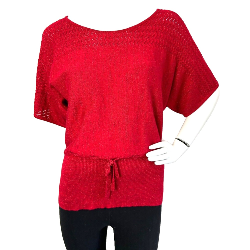 Roz & Ali Red Metallic Knit Sweater Pullover Large PL Holiday Shimmer Knit EUC